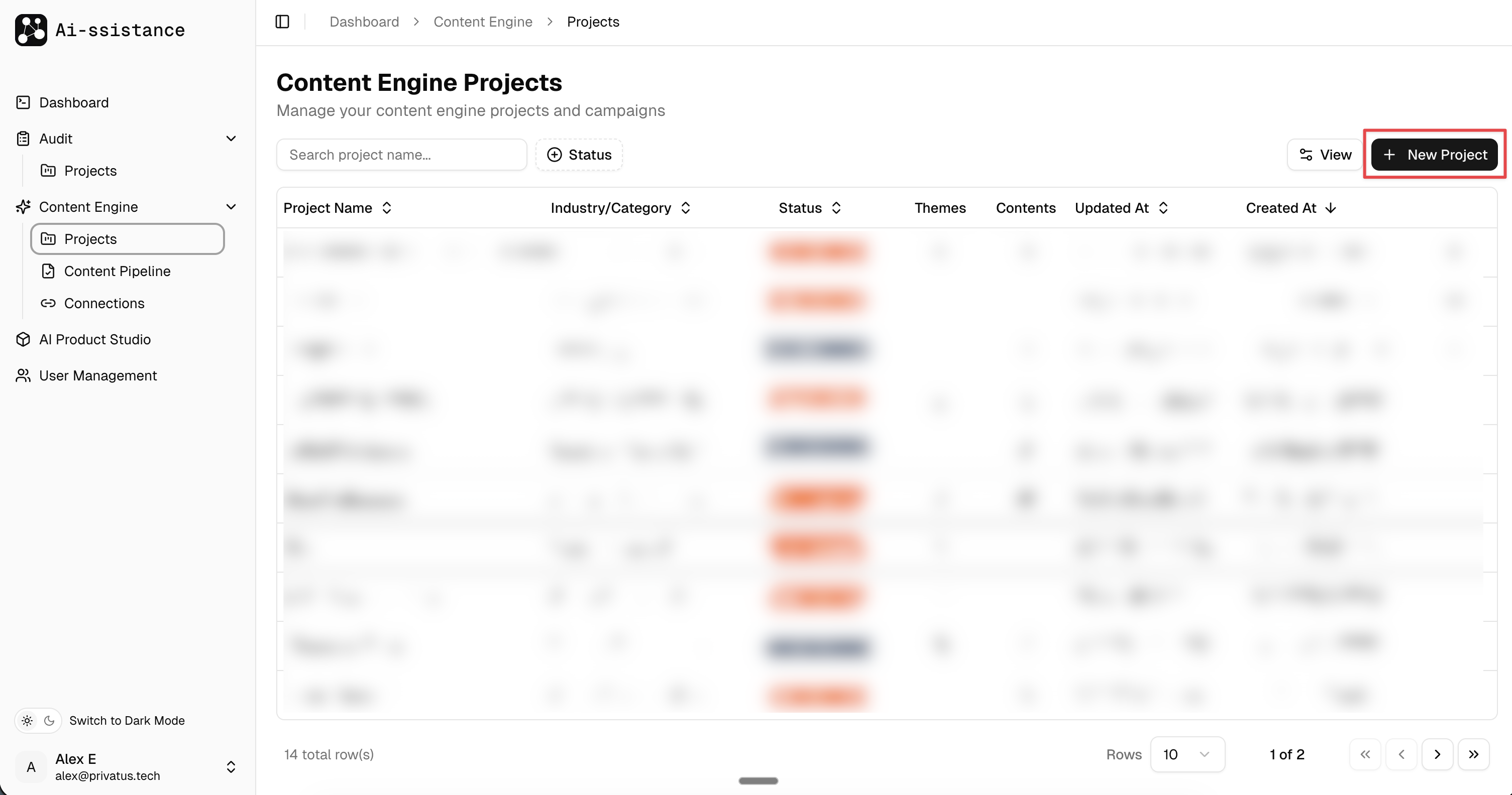 Content Engine Projects page with New Project button highlighted