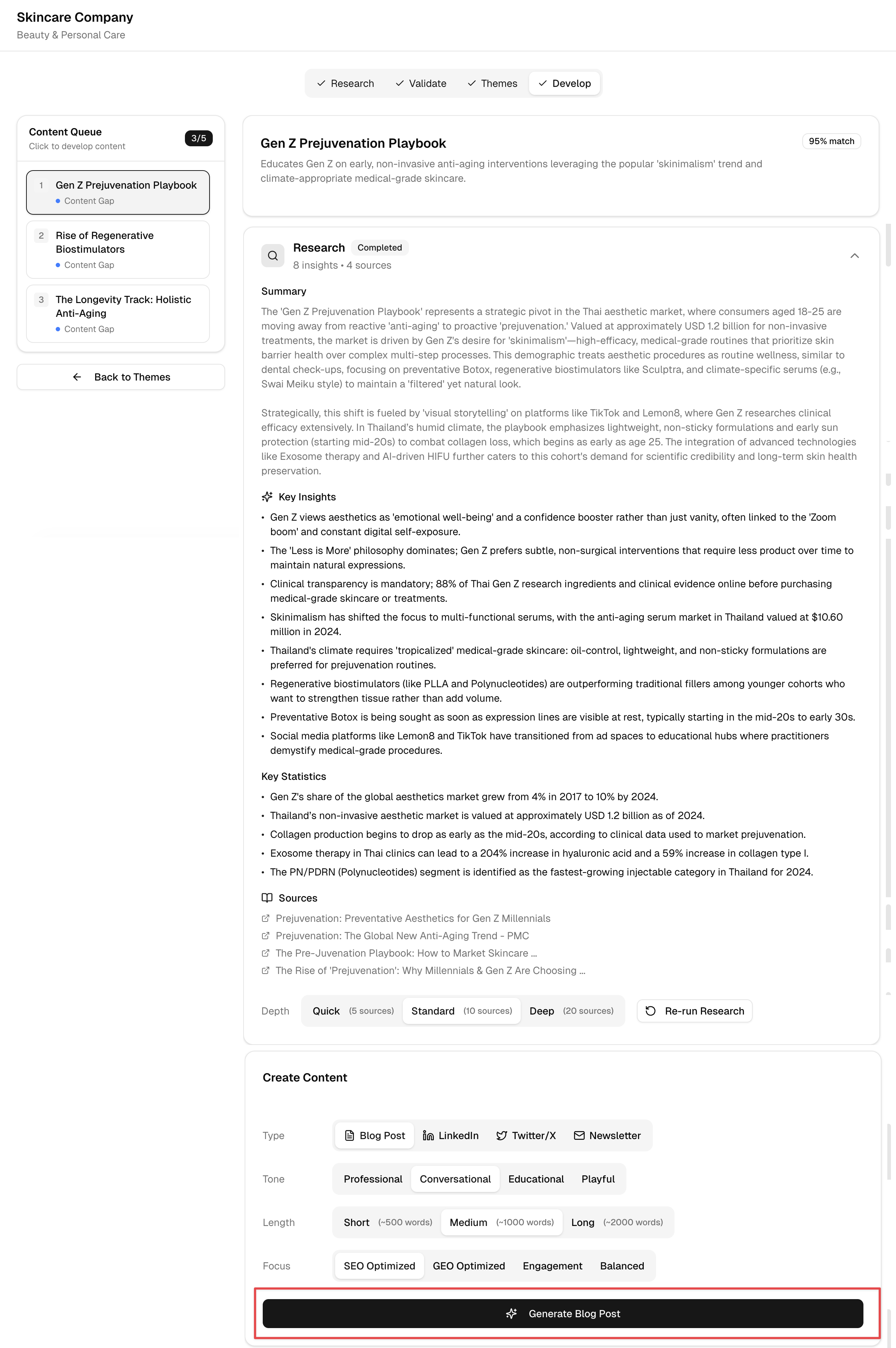 Research results with key insights and content generation options