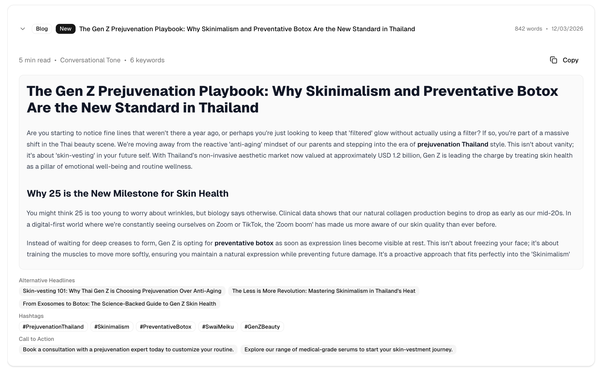 Generated blog post preview with title and content sections