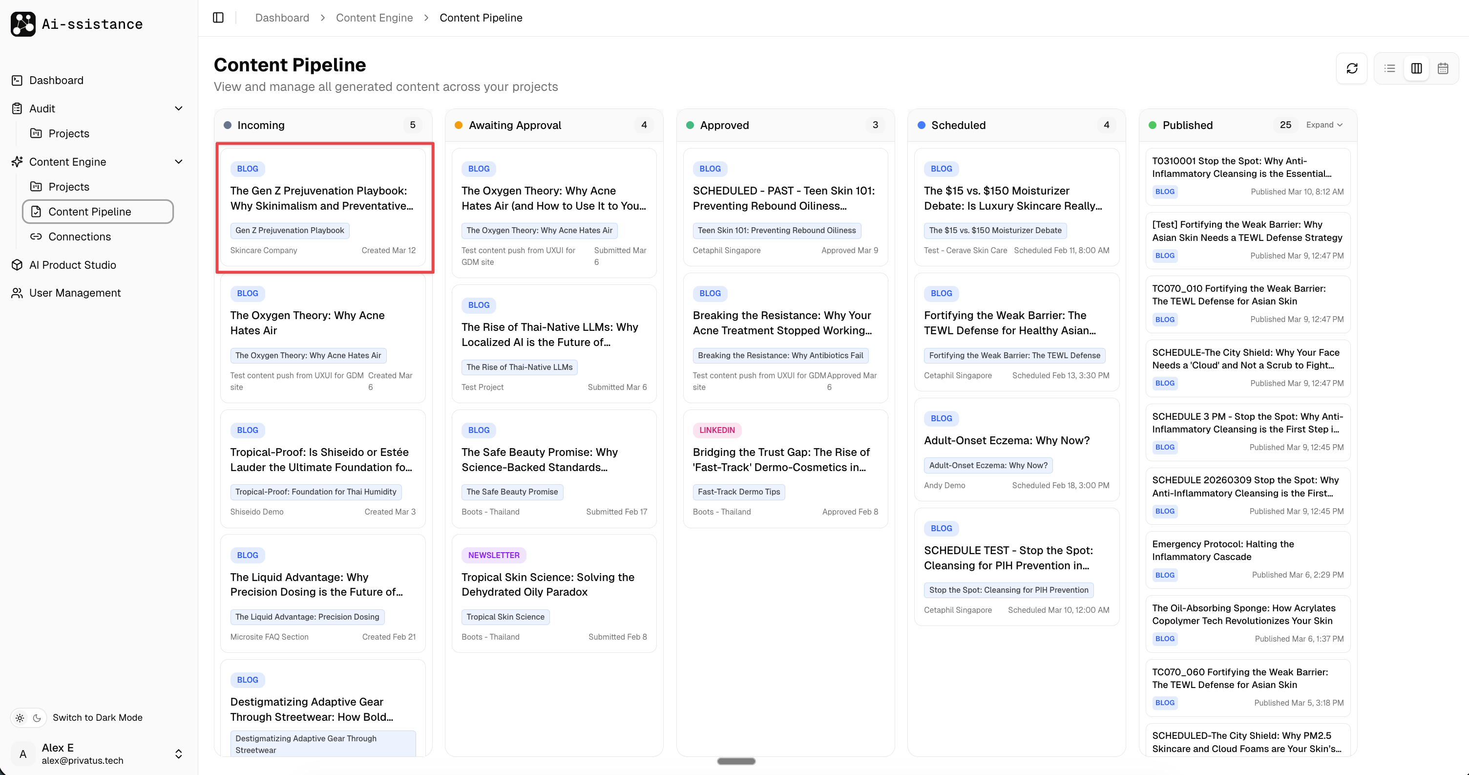 Content Pipeline Kanban board with 5 columns