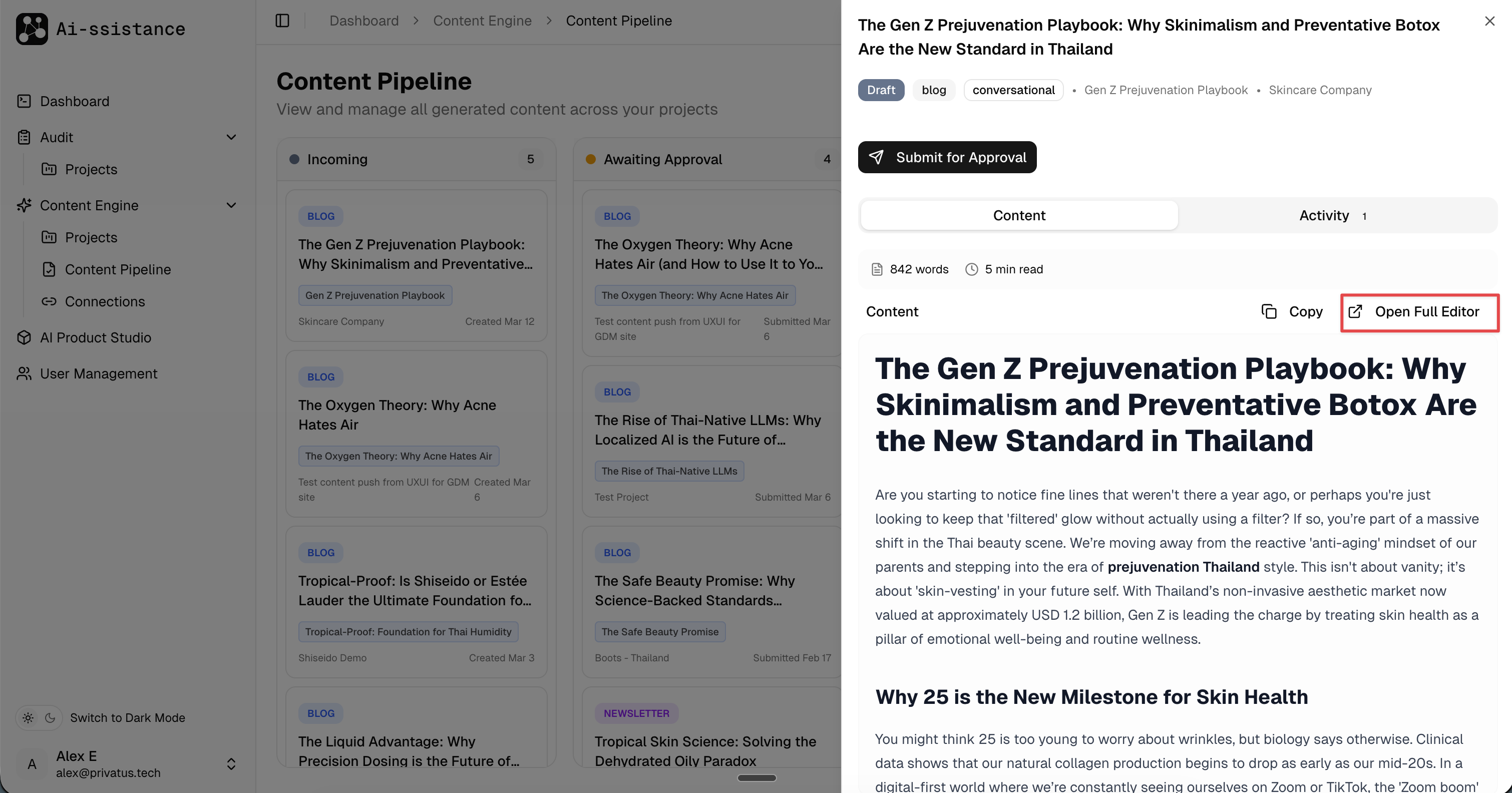 Content preview panel with Open Full Editor button highlighted