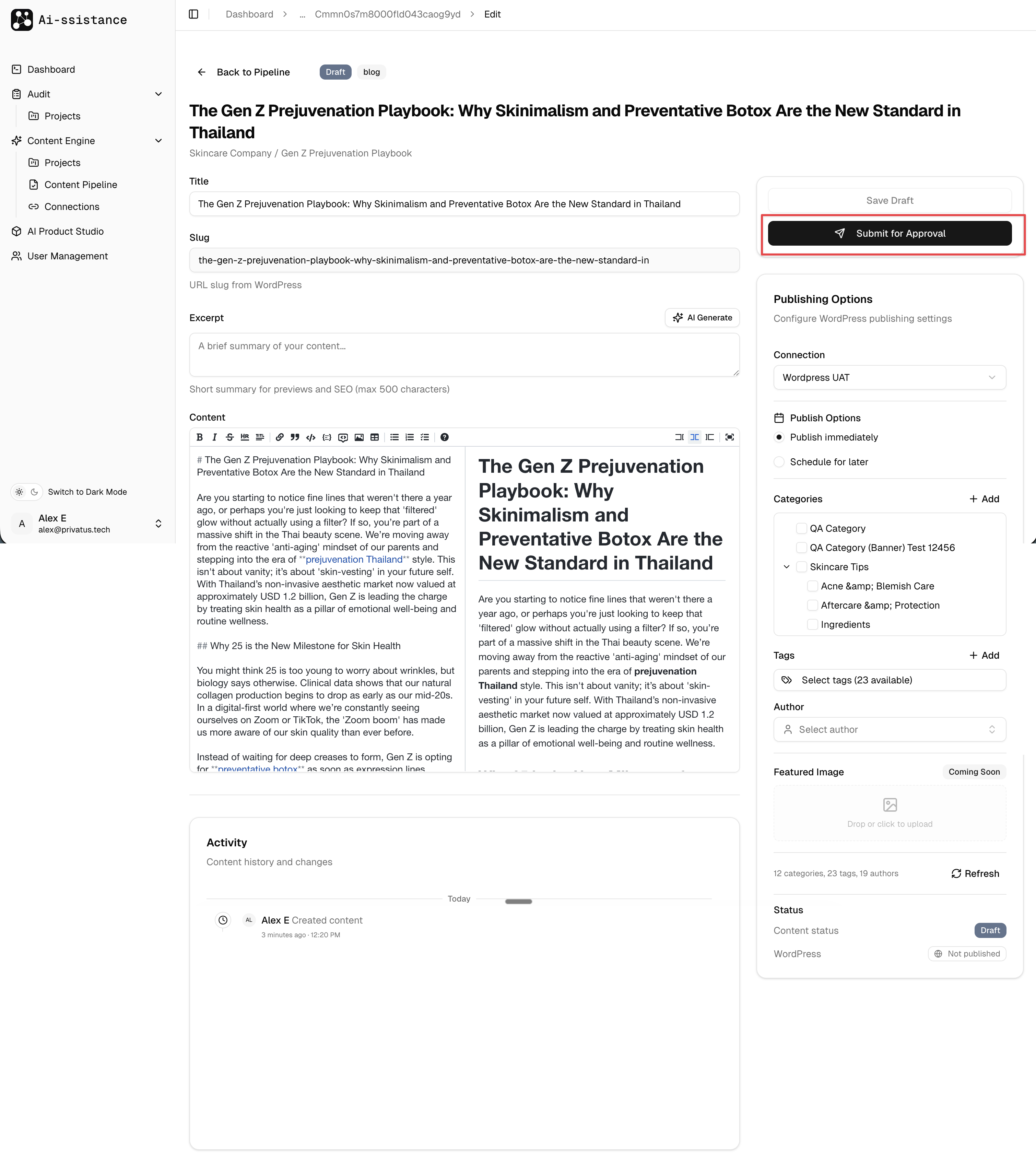 Full content editor with rich text, SEO settings, and Submit for Approval button