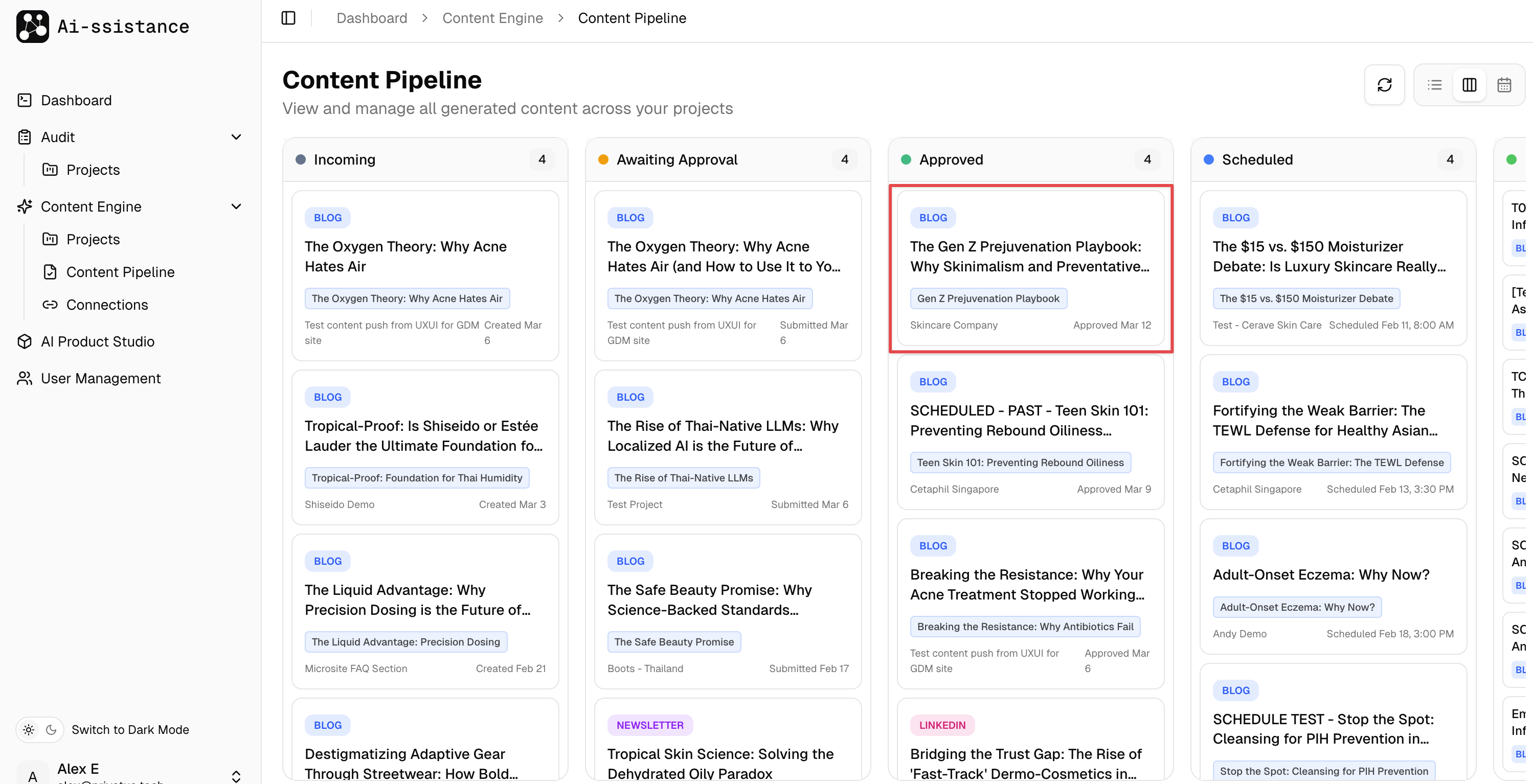 Content Pipeline with post moved to Approved column