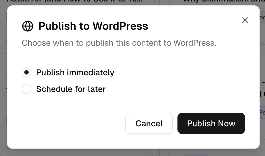 Publish to WordPress dialog with publish immediately or schedule options