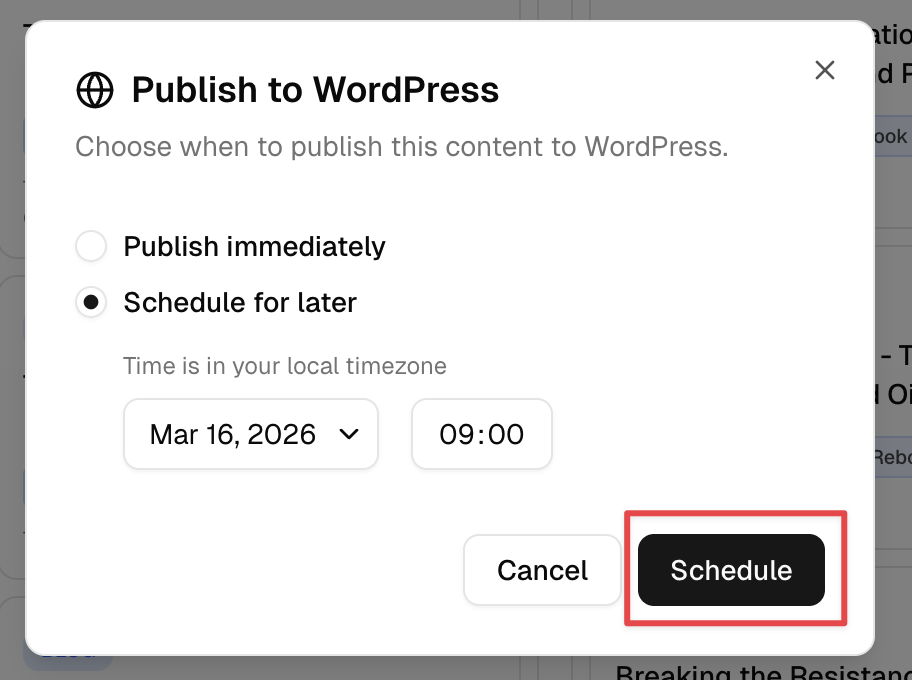 Schedule dialog with date picker and Schedule button highlighted