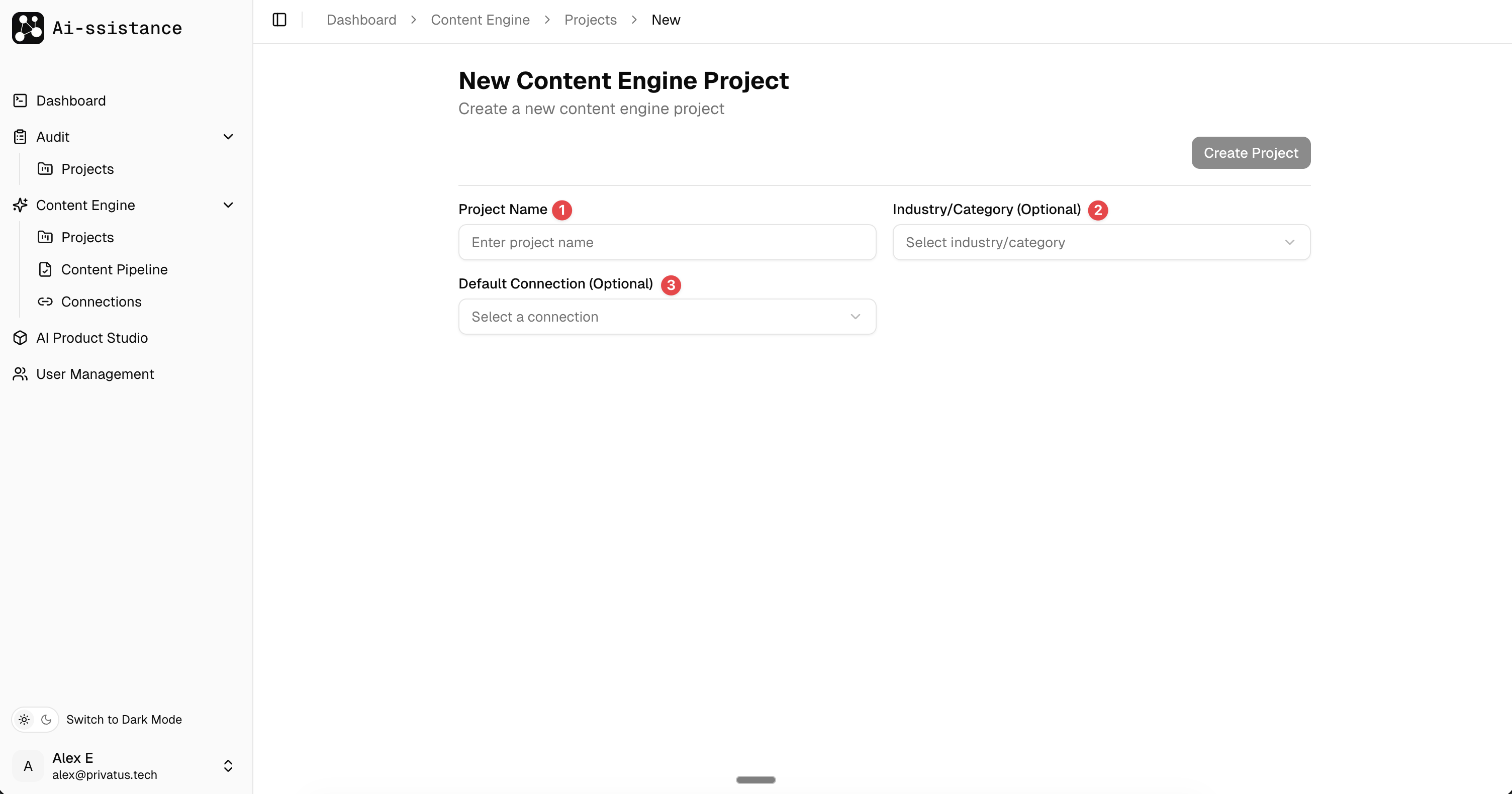New Content Engine Project form with numbered fields