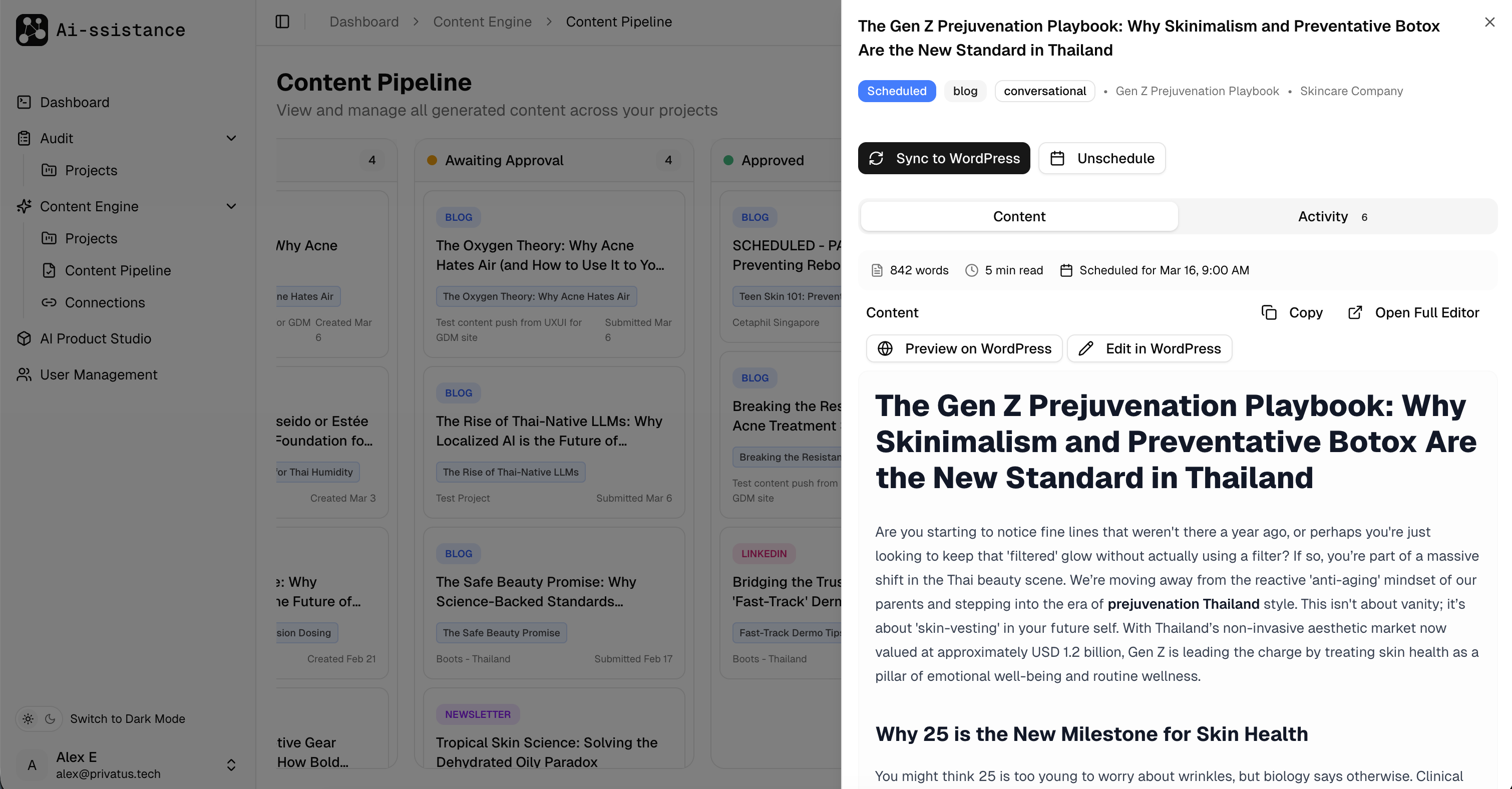 Scheduled post detail panel with Sync to WordPress and Unschedule options