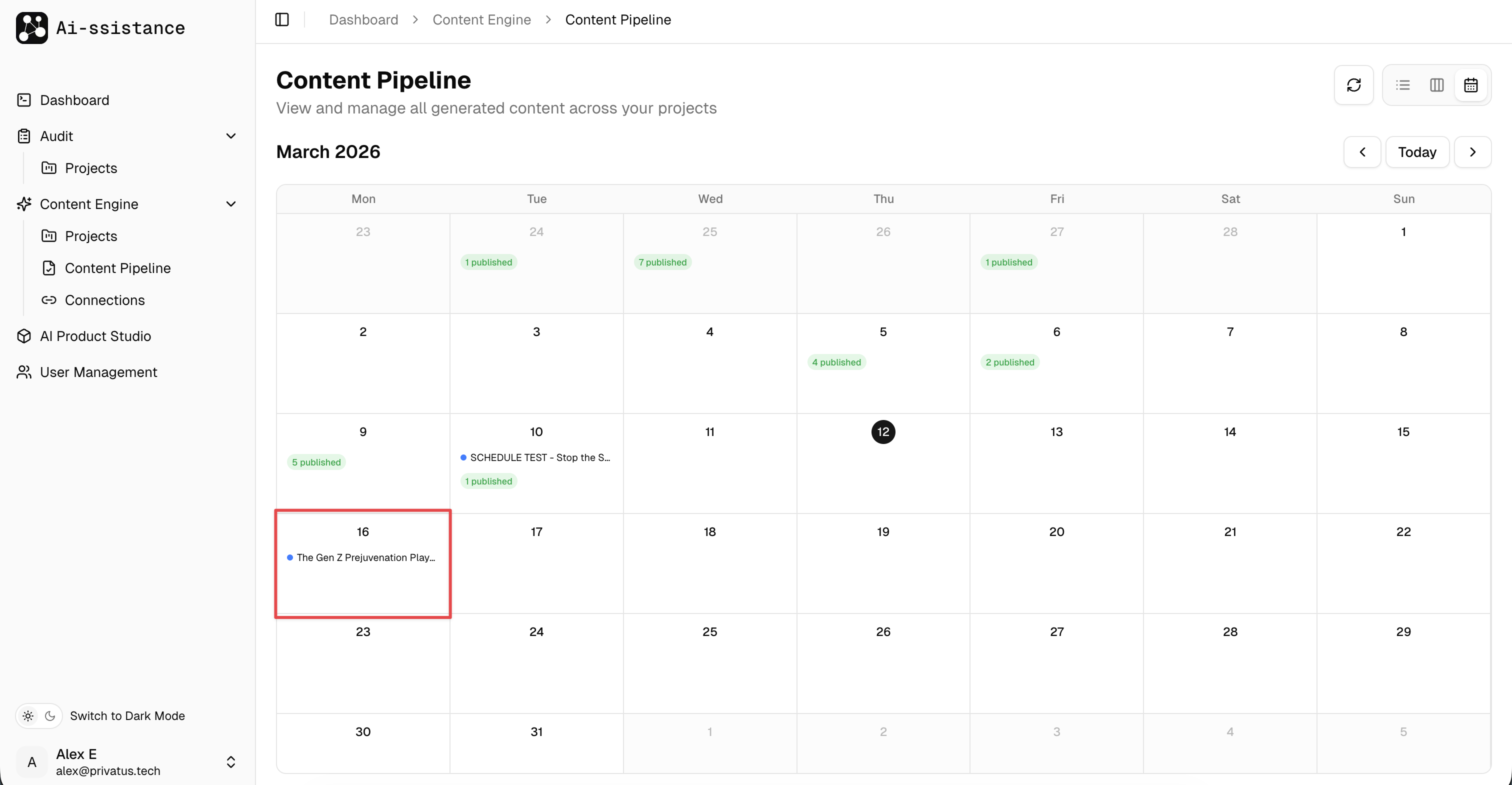Content Pipeline calendar view showing scheduled posts on dates