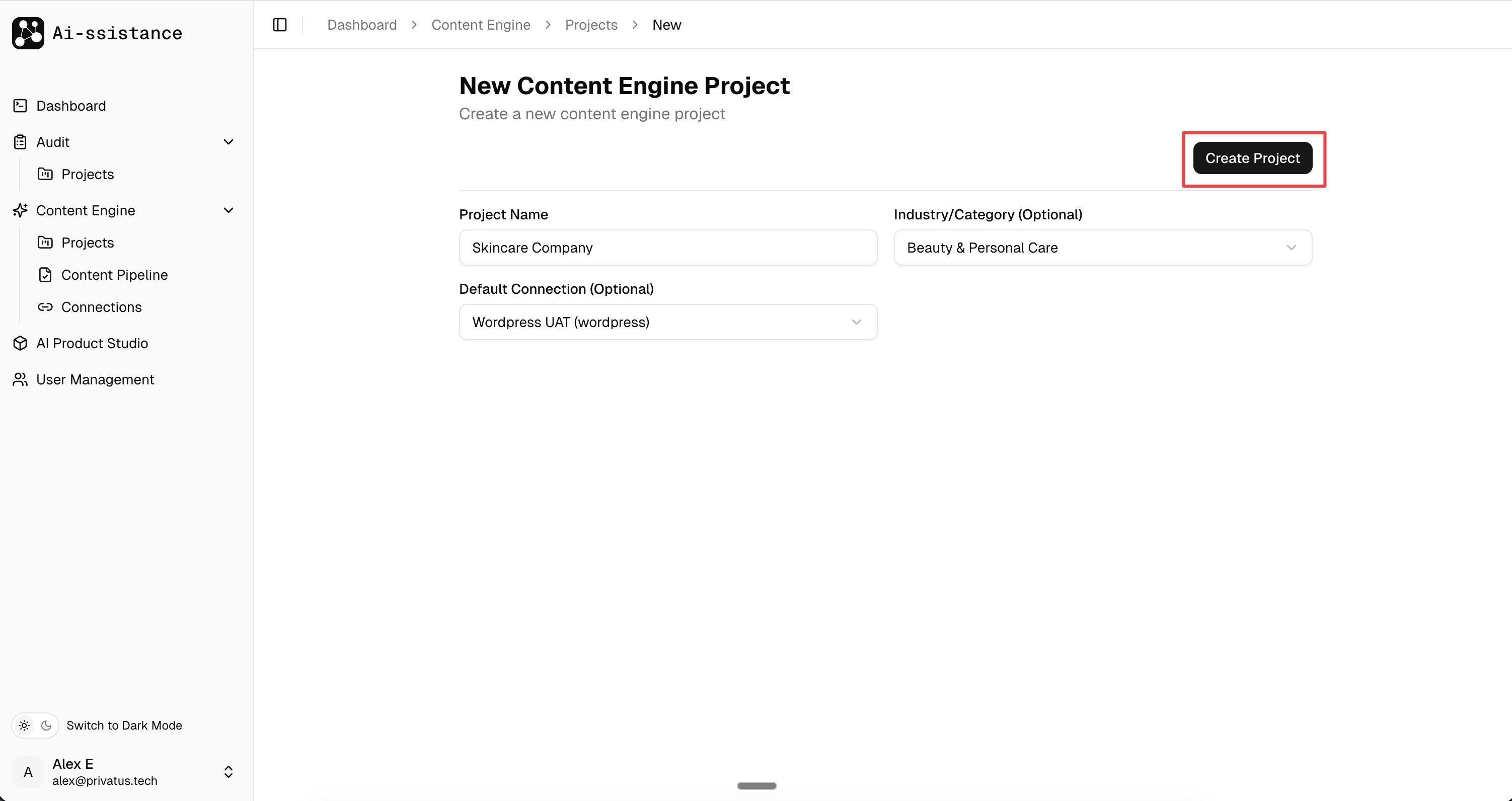 Completed project form with Create Project button highlighted