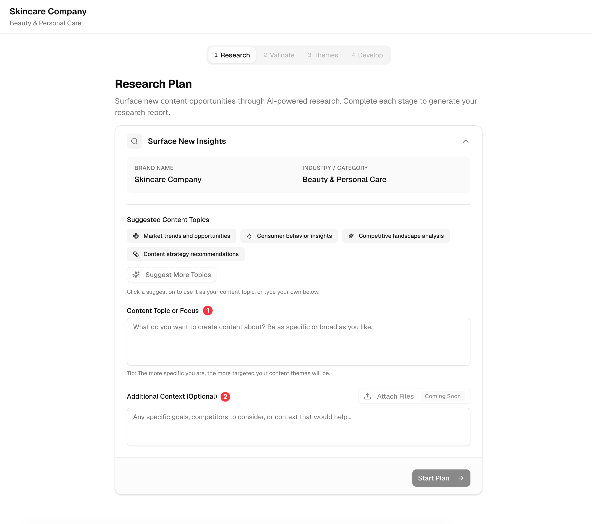 Research Plan page with content topic and context fields