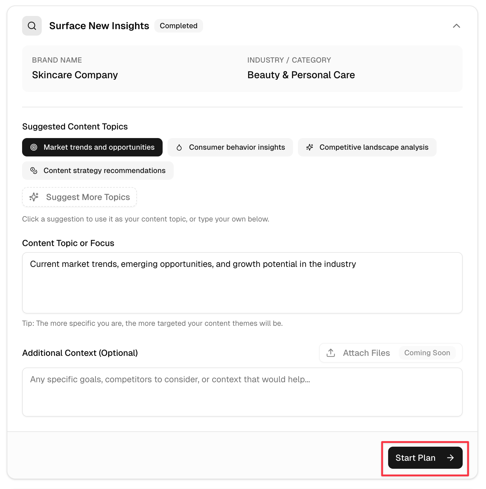 Filled research form with Start Plan button highlighted