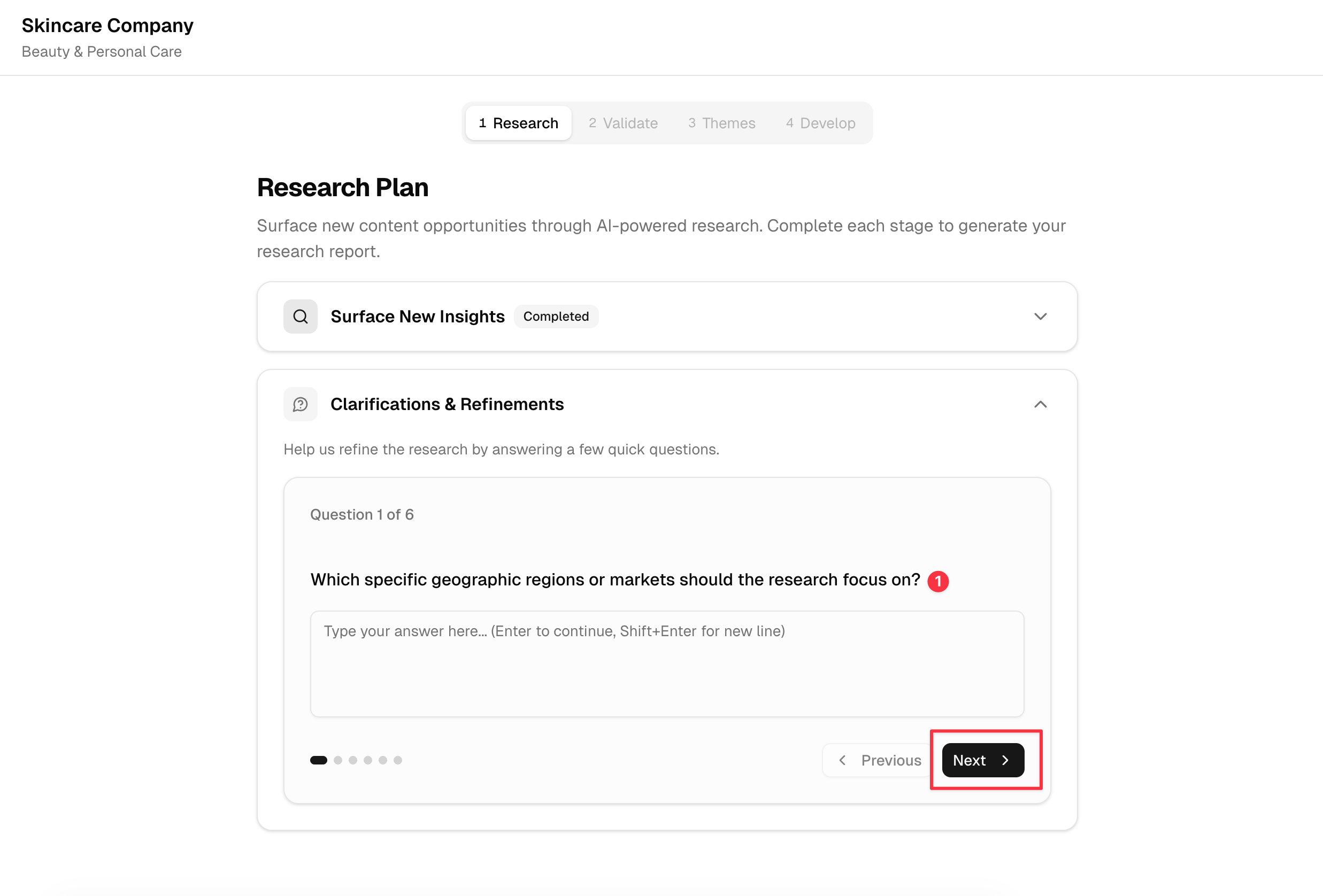 Clarifications and Refinements with question and Next button