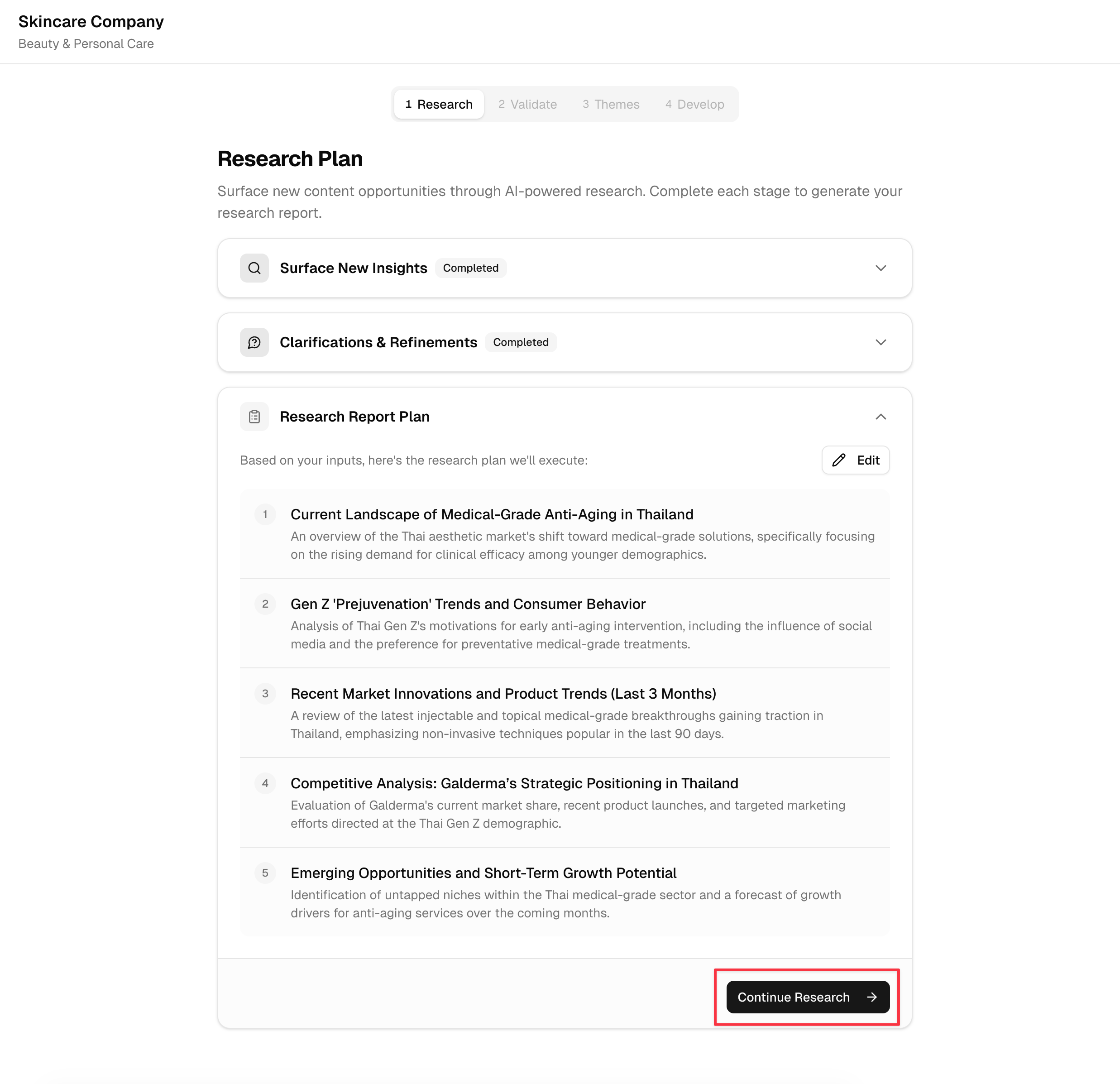 Research Report Plan with 5 items and Continue Research button