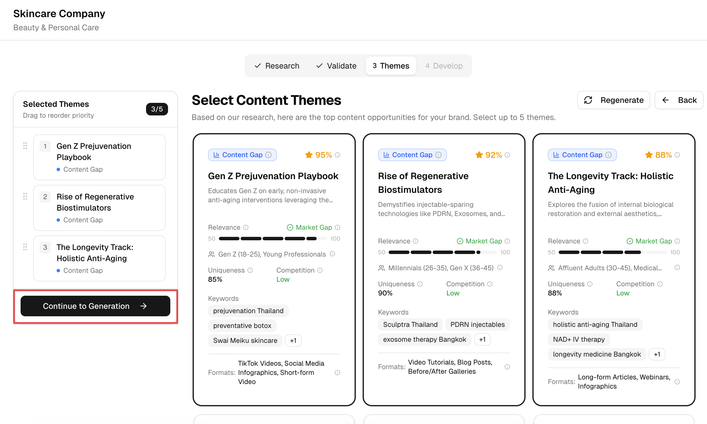 3 themes selected in sidebar with Continue to Generation button